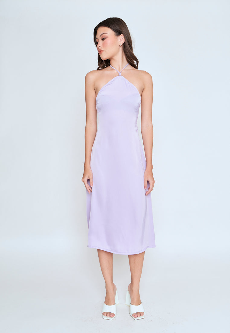 Ursula Purple Sleeveless Side Zipper Open Back Halter Midi Dress