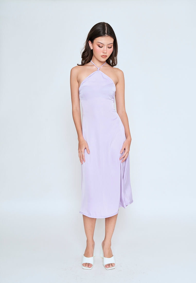 Ursula Purple Sleeveless Side Zipper Open Back Halter Midi Dress