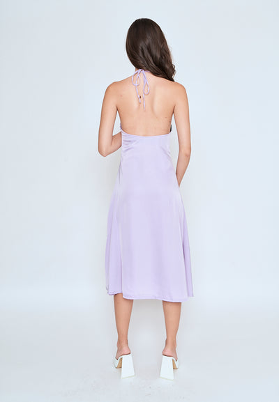Ursula Purple Sleeveless Side Zipper Open Back Halter Midi Dress