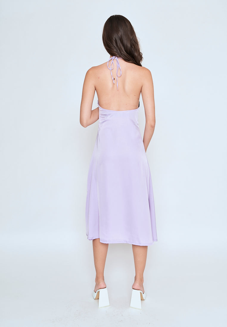 Ursula Purple Sleeveless Side Zipper Open Back Halter Midi Dress