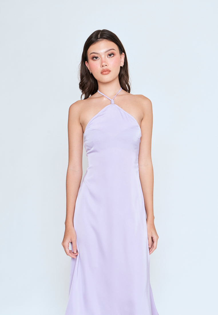 Ursula Purple Sleeveless Side Zipper Open Back Halter Midi Dress