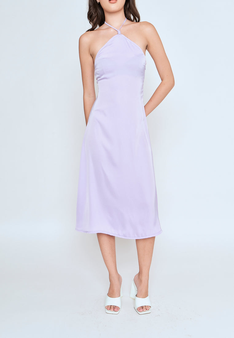 Ursula Purple Sleeveless Side Zipper Open Back Halter Midi Dress