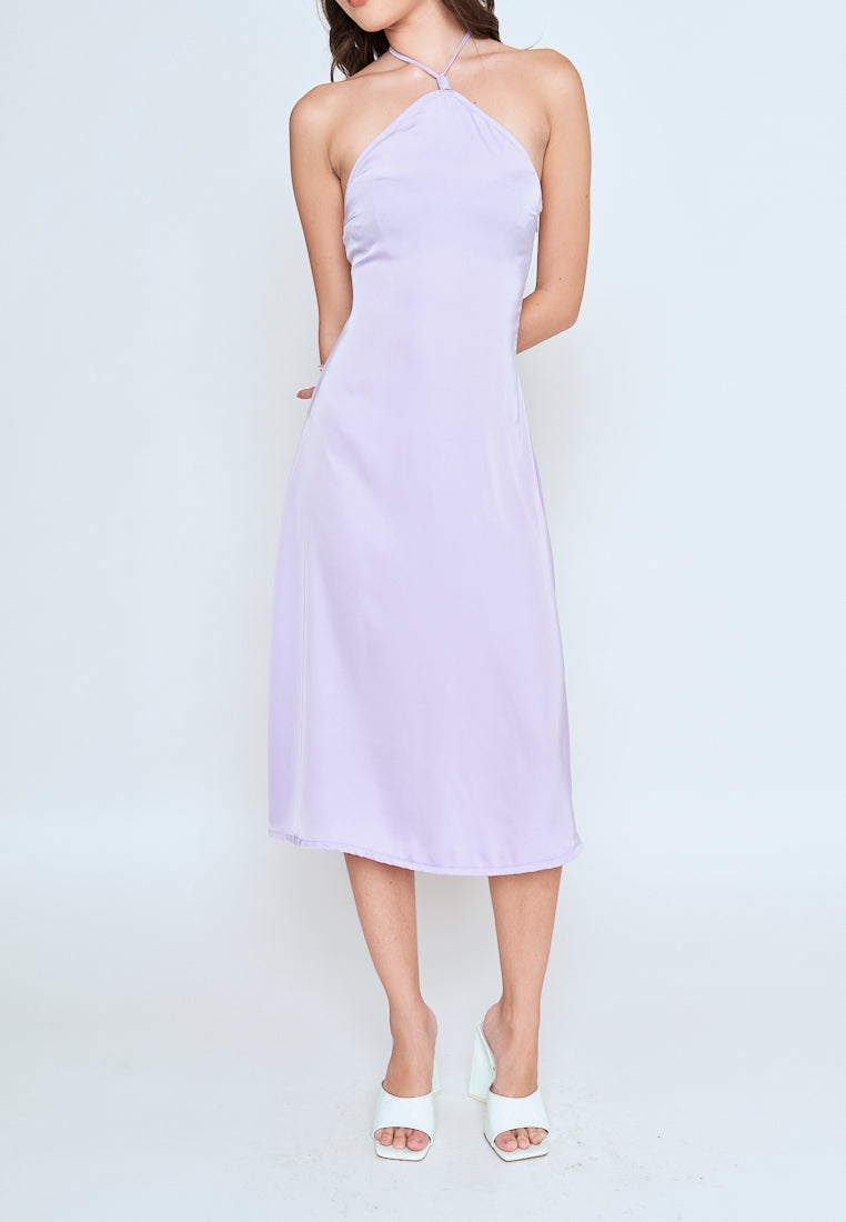 Ursula Purple Sleeveless Side Zipper Open Back Halter Midi Dress