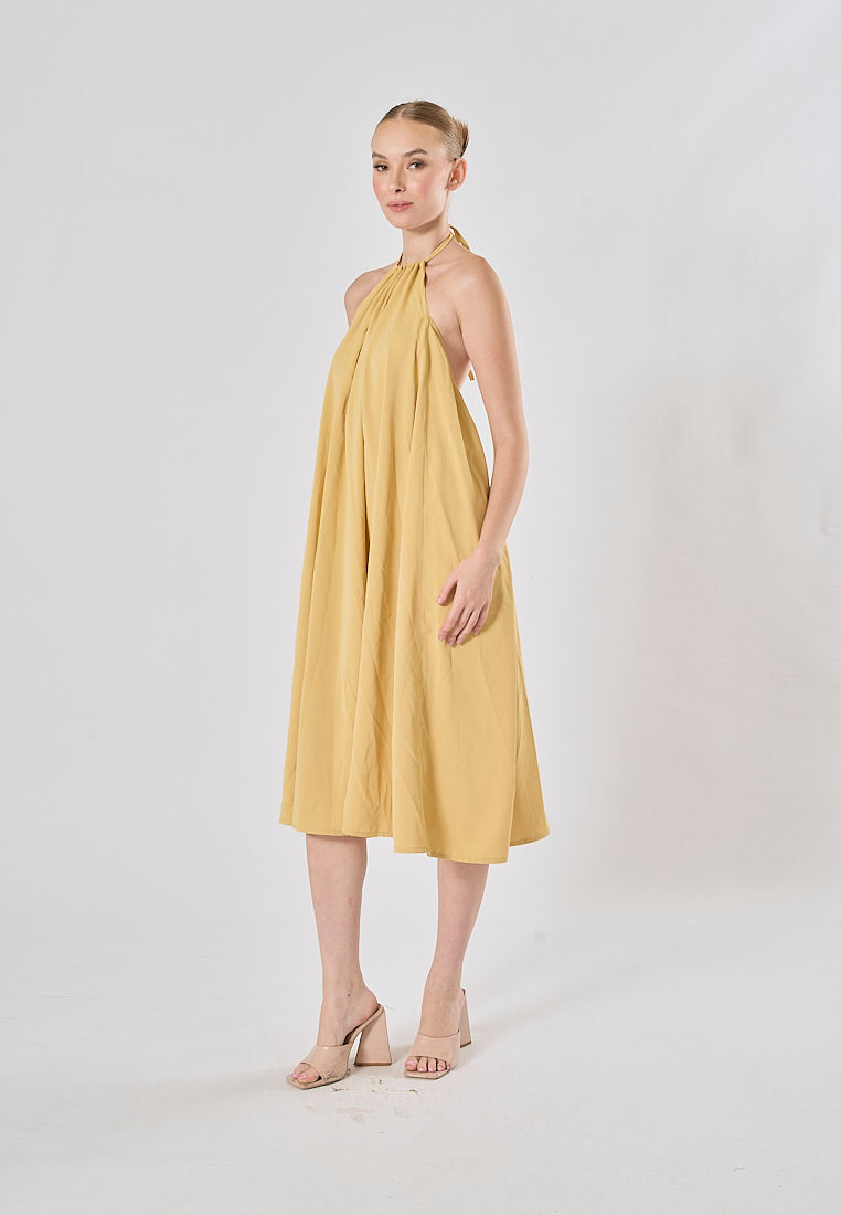 Xoliven Butter Yellow with Halter Neckline Maxi Tent Dress