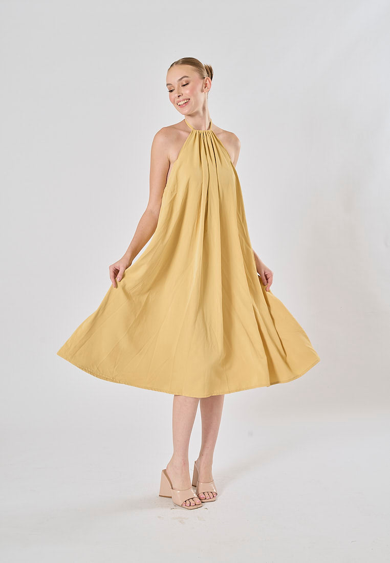 Xoliven Butter Yellow with Halter Neckline Maxi Tent Dress