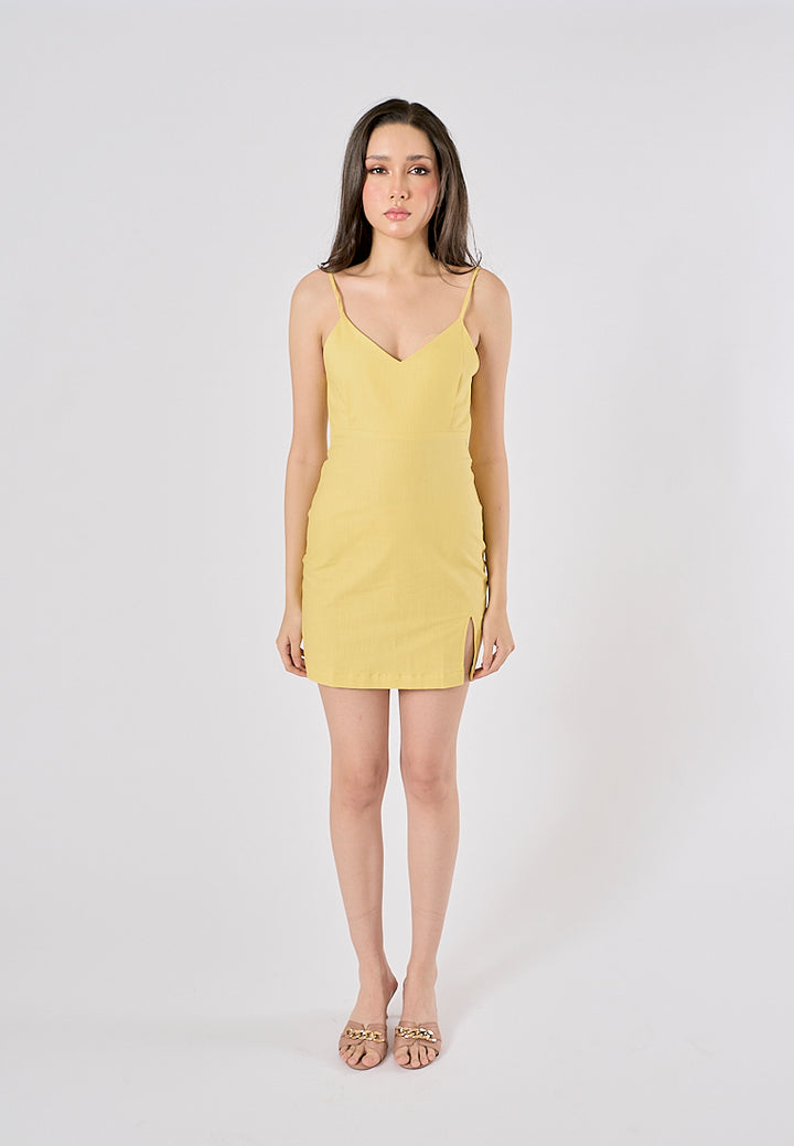 Rennata Yellow V-Neck bustier with slit mini dress