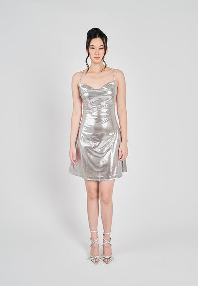 Adoline Silver Silk Cowl Necklne Sleeveless Mini Dress