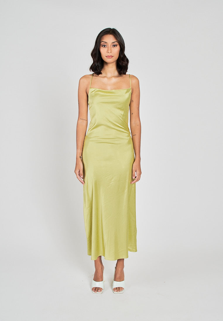 Andra Lime Green Cowl Neck Sleeveless Sexy Crisscross Back Midi Dress