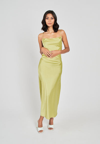 Andra Lime Green Cowl Neck Sleeveless Sexy Crisscross Back Midi Dress
