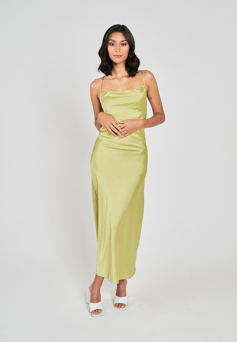 Andra Lime Green Cowl Neck Sleeveless Sexy Crisscross Back Midi Dress