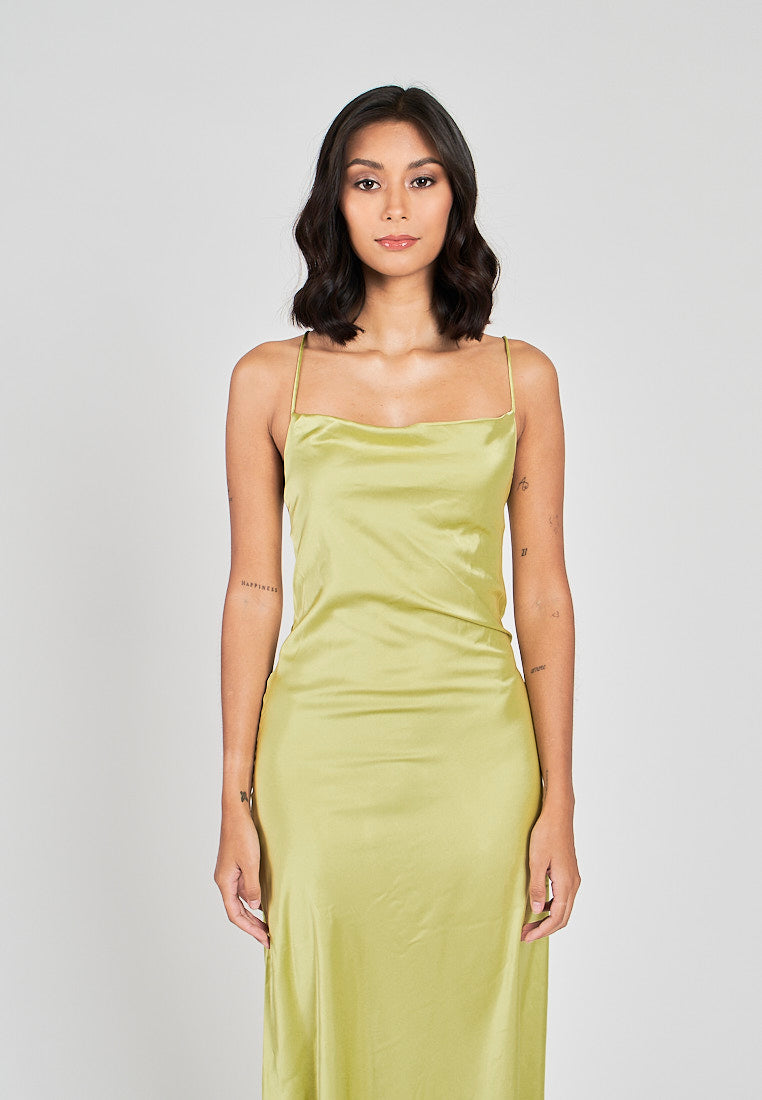 Andra Lime Green Cowl Neck Sleeveless Sexy Crisscross Back Midi Dress