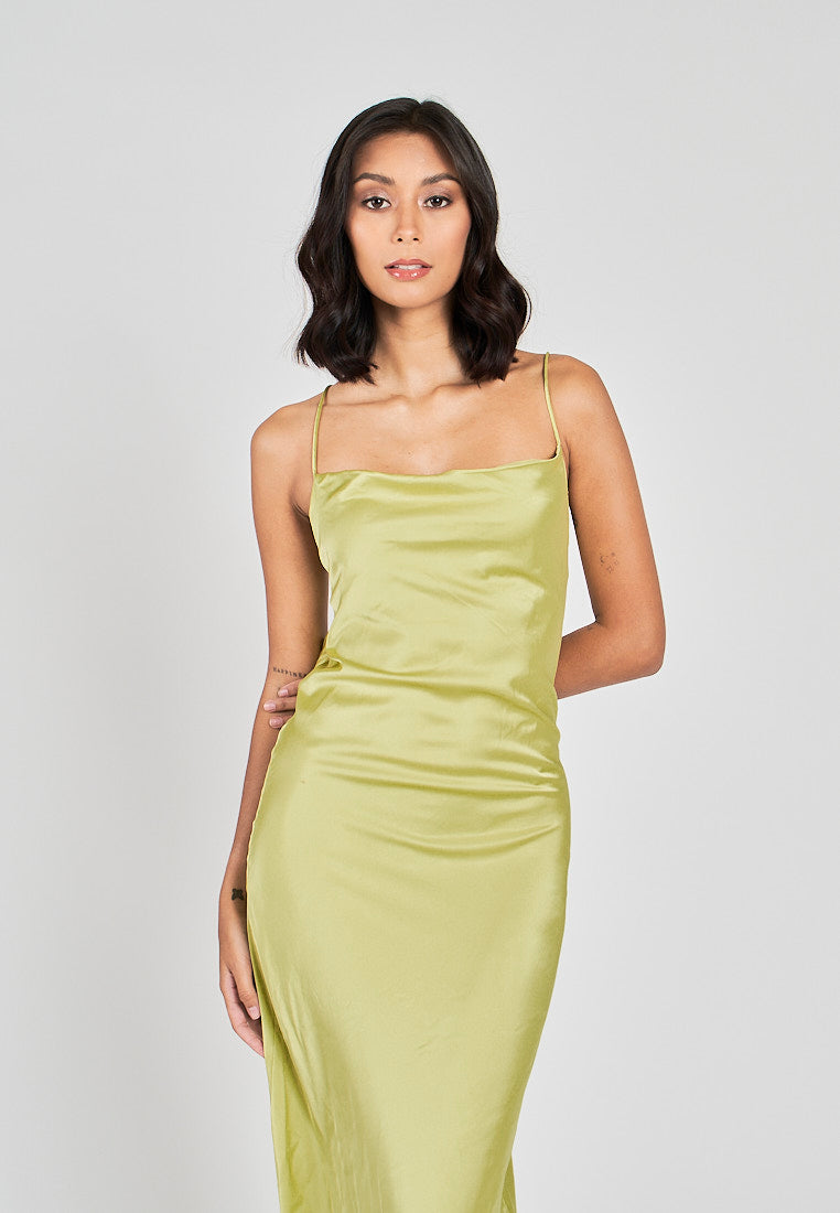 Andra Lime Green Cowl Neck Sleeveless Sexy Crisscross Back Midi Dress