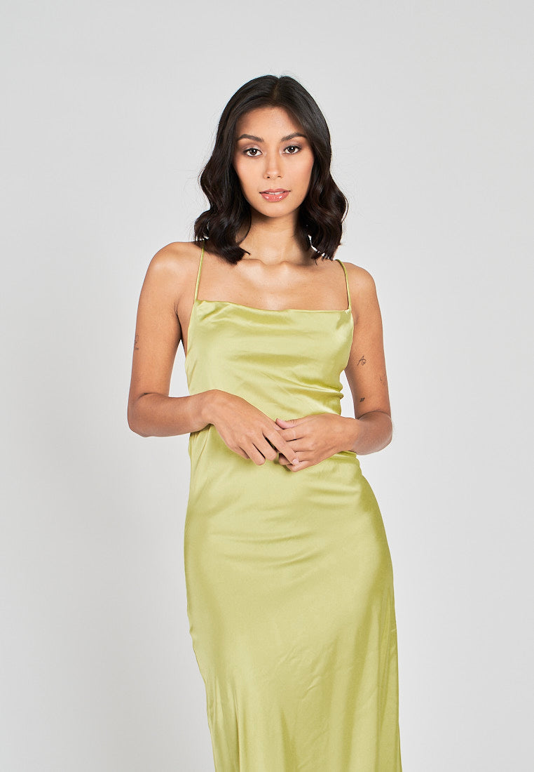 Andra Lime Green Cowl Neck Sleeveless Sexy Crisscross Back Midi Dress