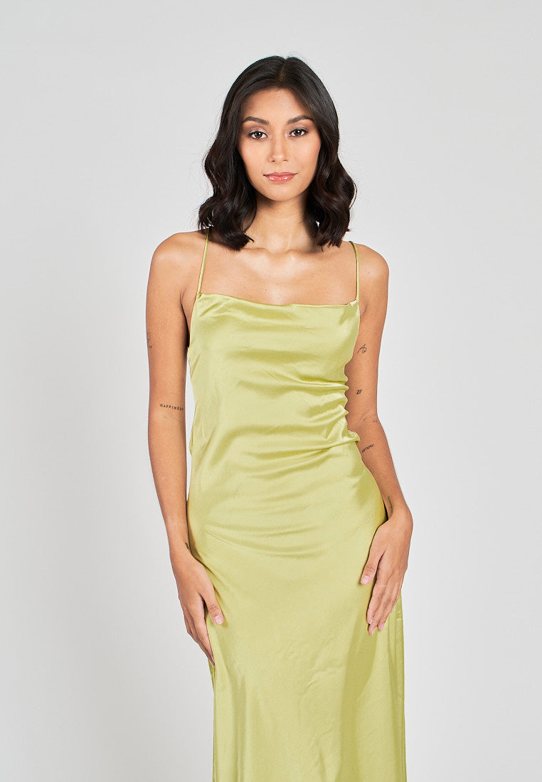 Andra Lime Green Cowl Neck Sleeveless Sexy Crisscross Back Midi Dress