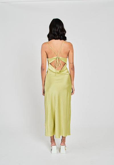 Andra Lime Green Cowl Neck Sleeveless Sexy Crisscross Back Midi Dress