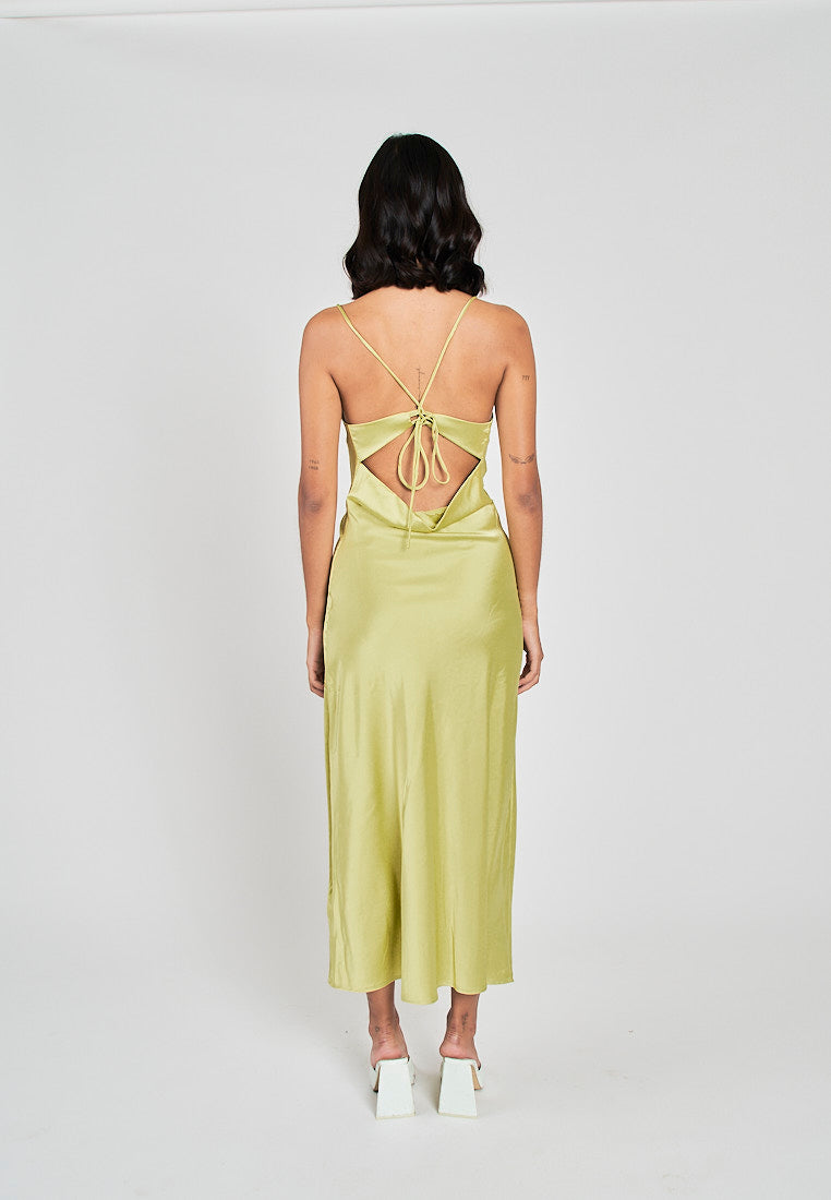 Andra Lime Green Cowl Neck Sleeveless Sexy Crisscross Back Midi Dress