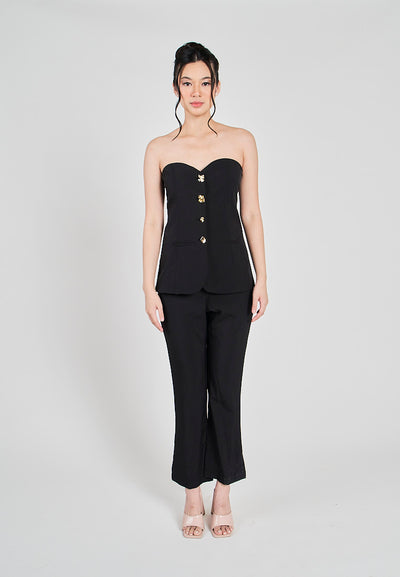 Kaoru Black Sweetheart Neckline Buttons Up Full Length Jumpsuit