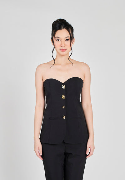 Kaoru Black Sweetheart Neckline Buttons Up Full Length Jumpsuit