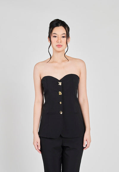 Kaoru Black Sweetheart Neckline Buttons Up Full Length Jumpsuit