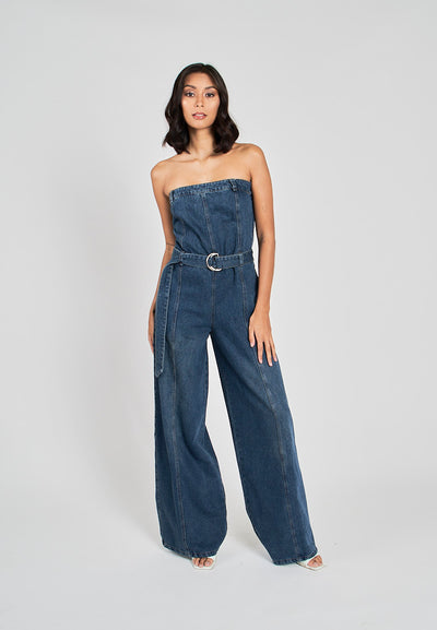 Finnegan Blue Denim Lined Smocked Back Side Zipper Tube Jumpsuit