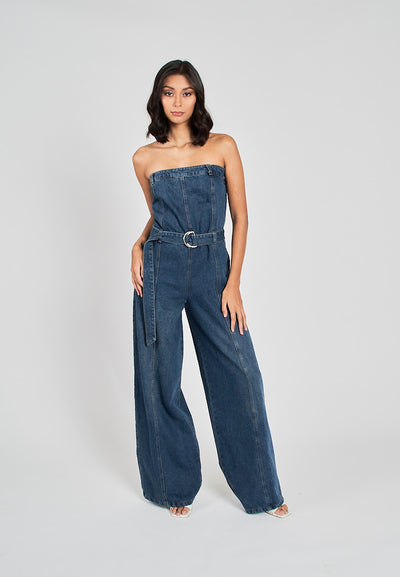 Finnegan Blue Denim Lined Smocked Back Side Zipper Tube Jumpsuit