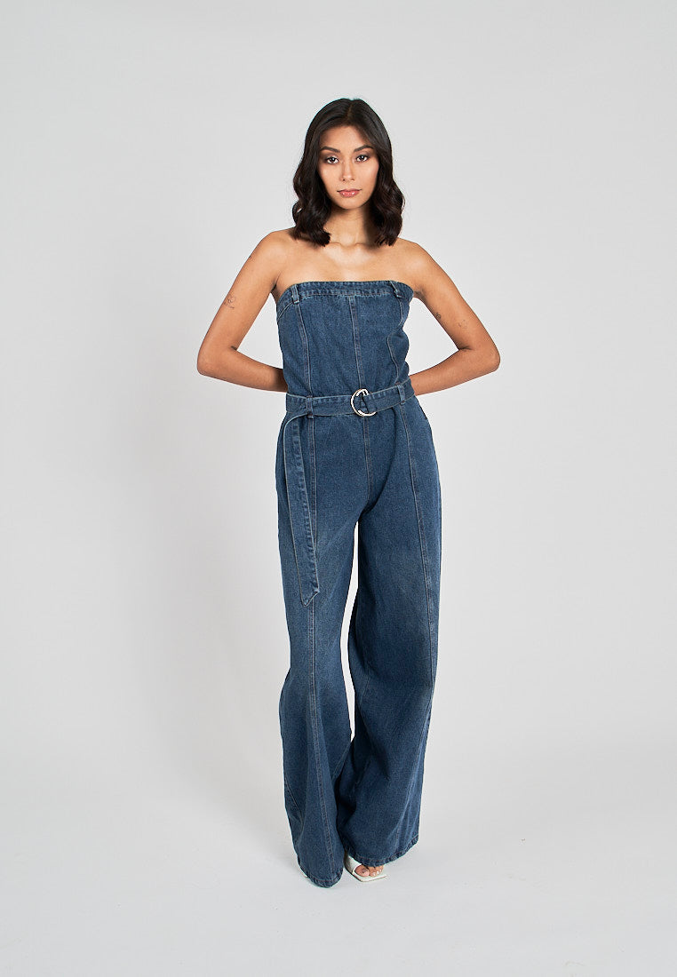 Finnegan Blue Denim Lined Smocked Back Side Zipper Tube Jumpsuit