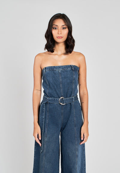 Finnegan Blue Denim Lined Smocked Back Side Zipper Tube Jumpsuit