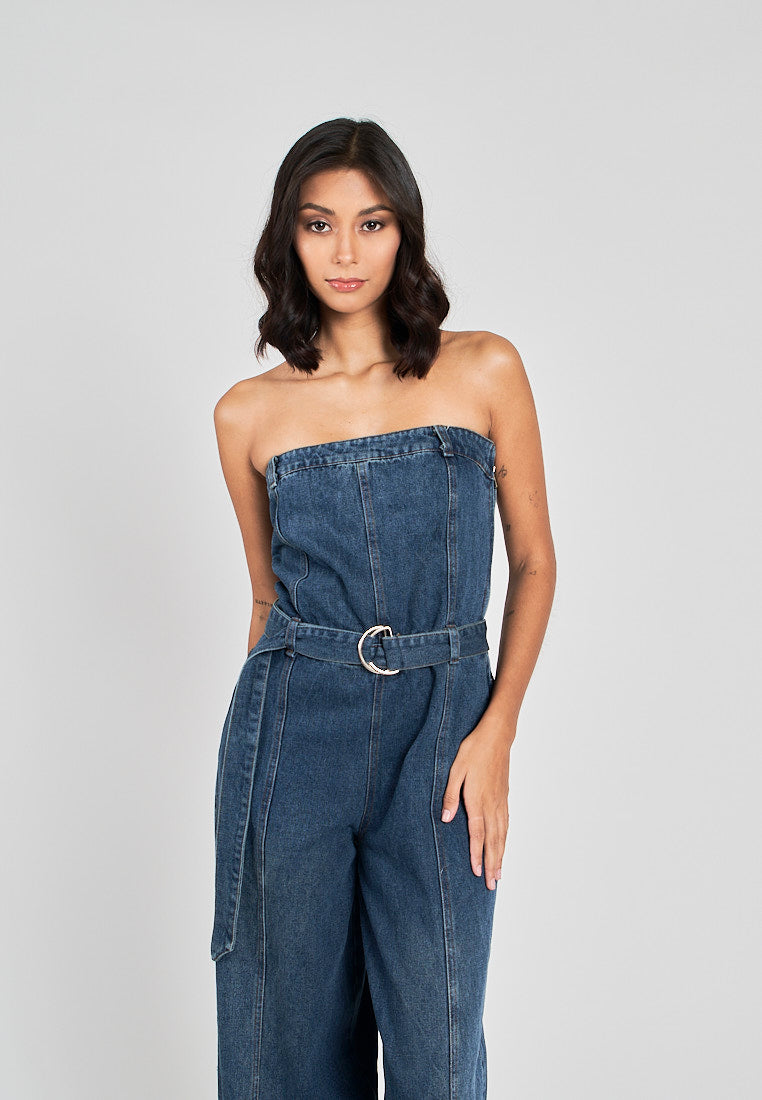 Finnegan Blue Denim Lined Smocked Back Side Zipper Tube Jumpsuit