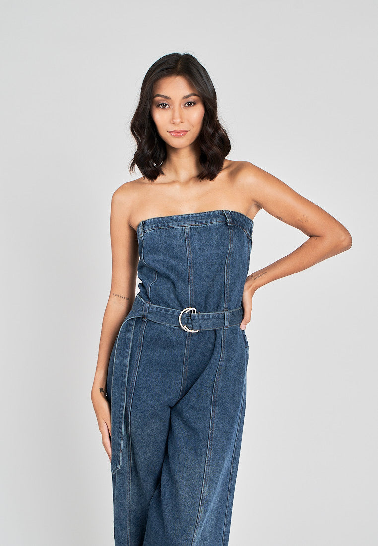 Finnegan Blue Denim Lined Smocked Back Side Zipper Tube Jumpsuit