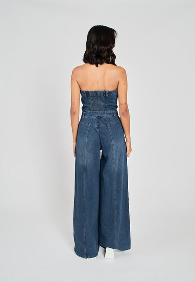 Finnegan Blue Denim Lined Smocked Back Side Zipper Tube Jumpsuit