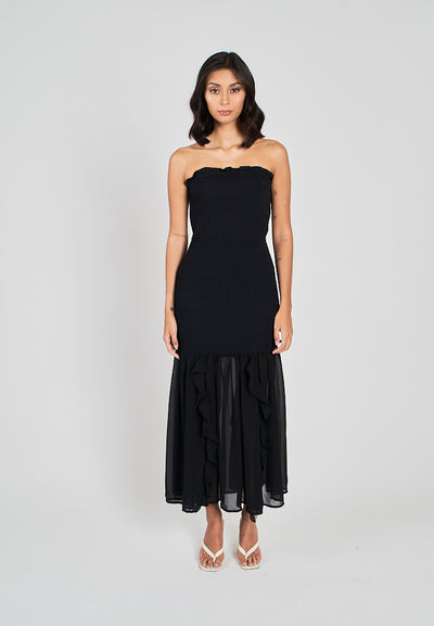 Navi Black Ruffle Neckline Smocked Tube Midi Dress