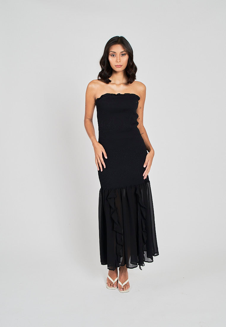 Navi Black Ruffle Neckline Smocked Tube Midi Dress