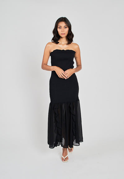 Navi Black Ruffle Neckline Smocked Tube Midi Dress