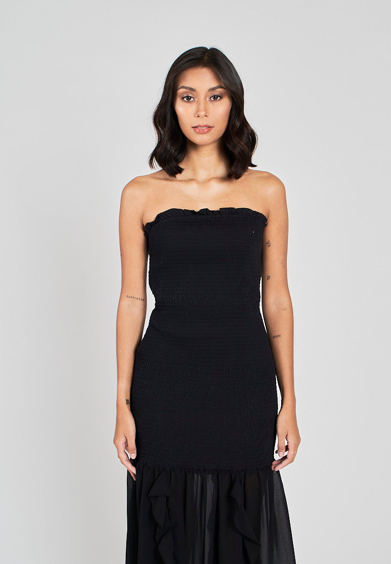 Navi Black Ruffle Neckline Smocked Tube Midi Dress