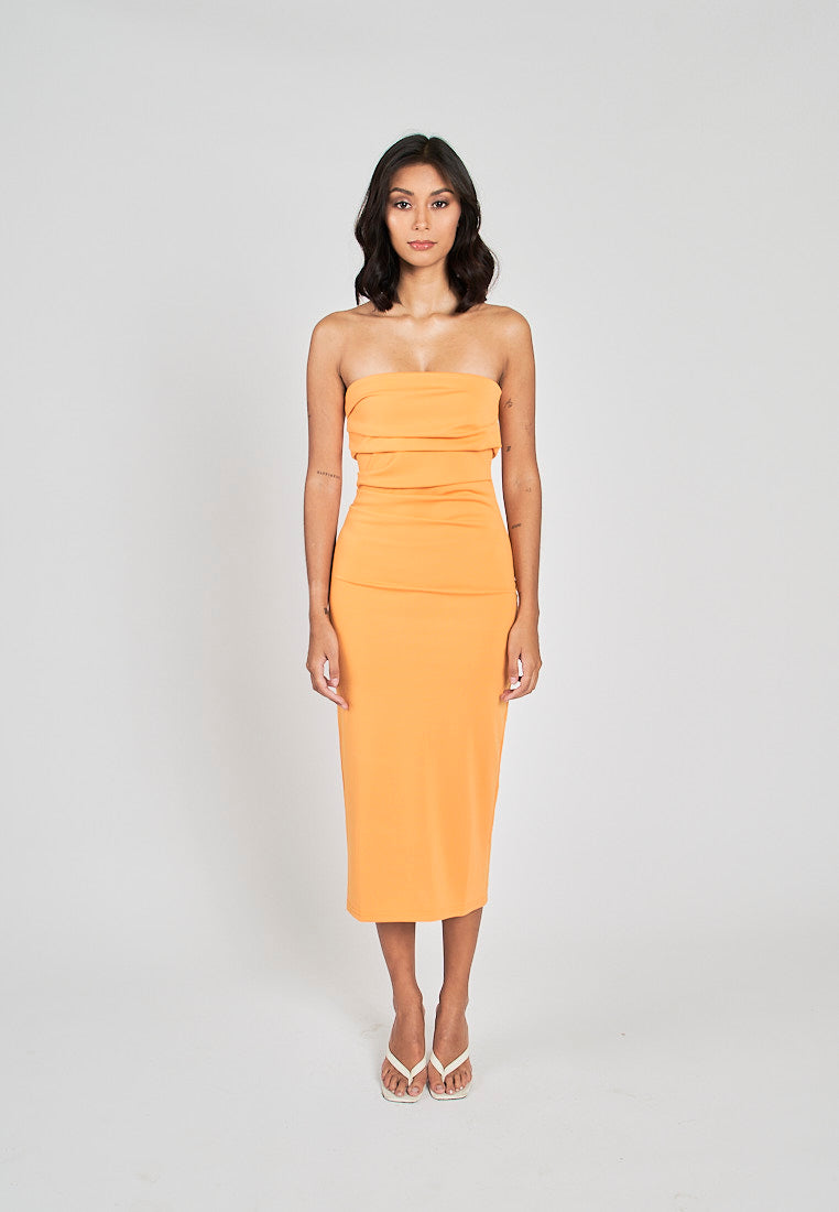 Rhodesa Orange Folded Neckline Pleated Side Tube Midi Dress