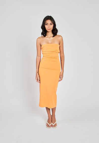 Rhodesa Orange Folded Neckline Pleated Side Tube Midi Dress