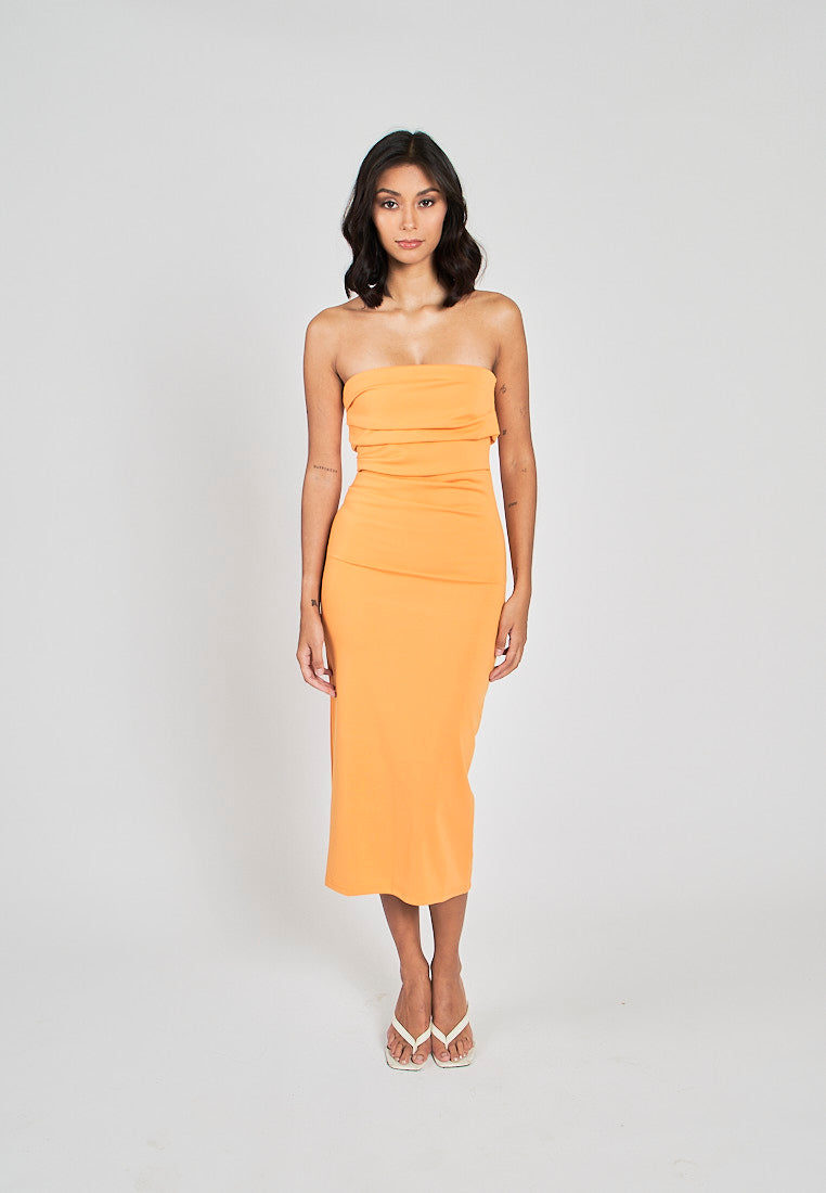 Rhodesa Orange Folded Neckline Pleated Side Tube Midi Dress