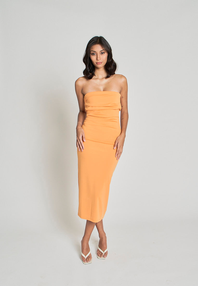 Rhodesa Orange Folded Neckline Pleated Side Tube Midi Dress