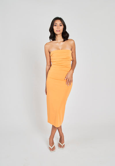 Rhodesa Orange Folded Neckline Pleated Side Tube Midi Dress