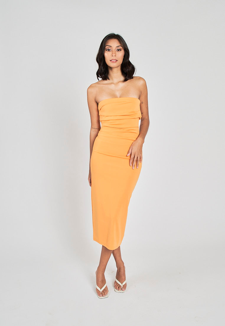 Rhodesa Orange Folded Neckline Pleated Side Tube Midi Dress