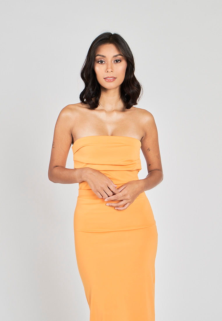 Rhodesa Orange Folded Neckline Pleated Side Tube Midi Dress
