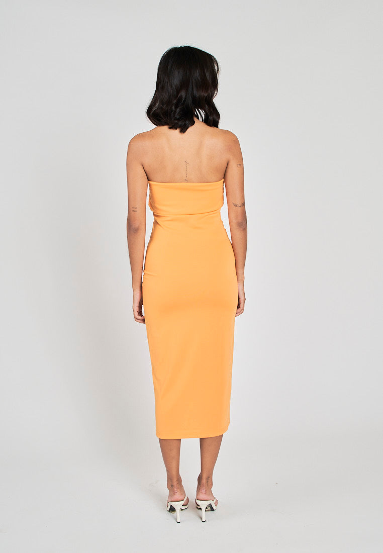 Rhodesa Orange Folded Neckline Pleated Side Tube Midi Dress
