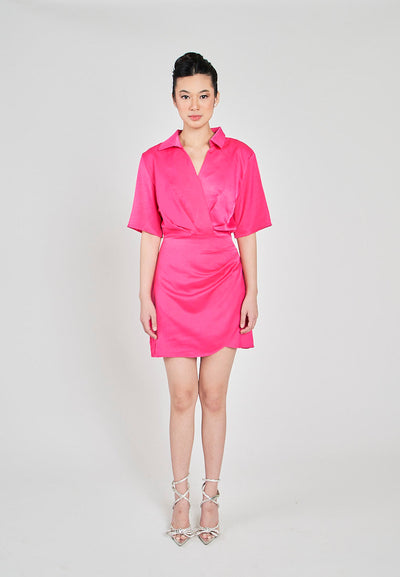 Krizle Pink Turn Down Collar V Neck Overlap Short Sleeves Ruched Side Mini Dress