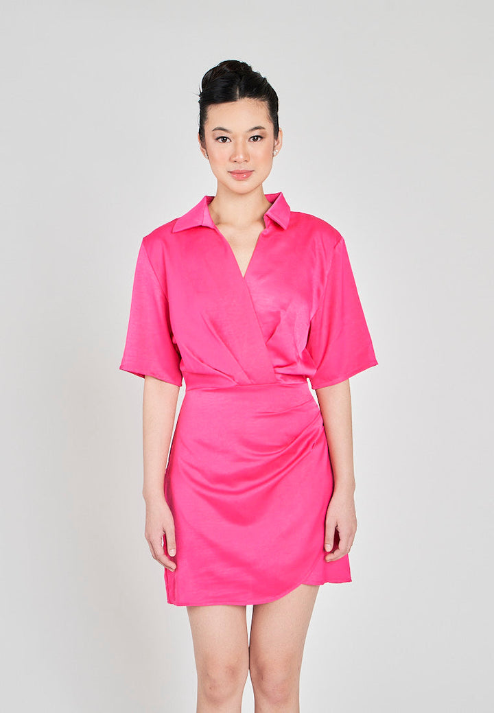 Krizle Pink Turn Down Collar V Neck Overlap Short Sleeves Ruched Side Mini Dress