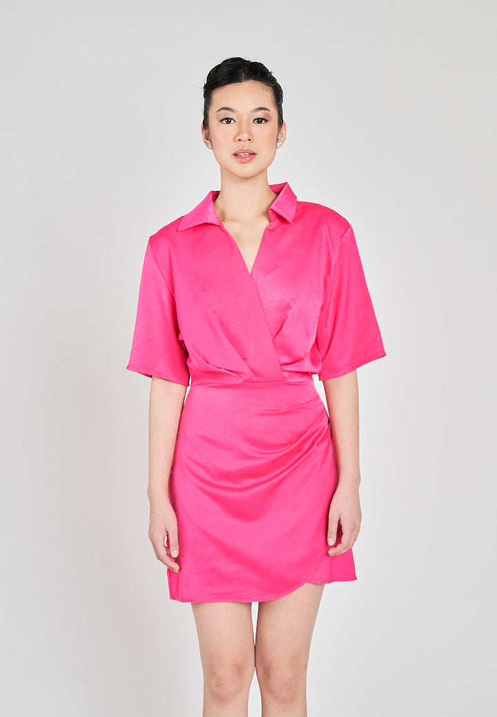 Krizle Pink Turn Down Collar V Neck Overlap Short Sleeves Ruched Side Mini Dress