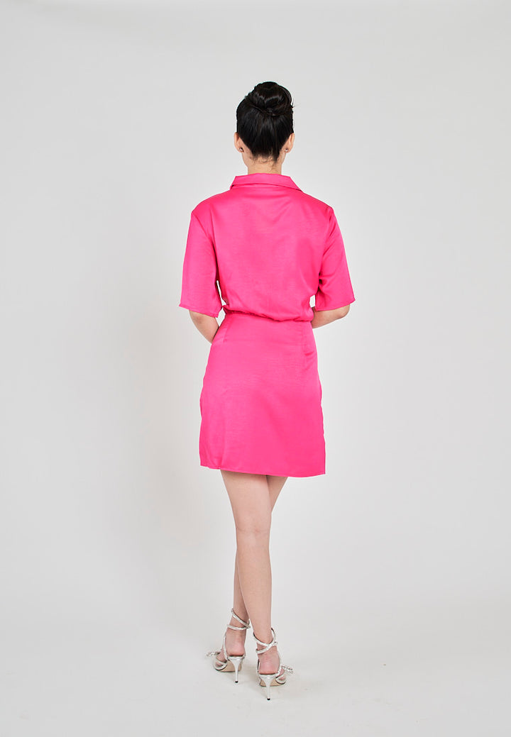 Krizle Pink Turn Down Collar V Neck Overlap Short Sleeves Ruched Side Mini Dress