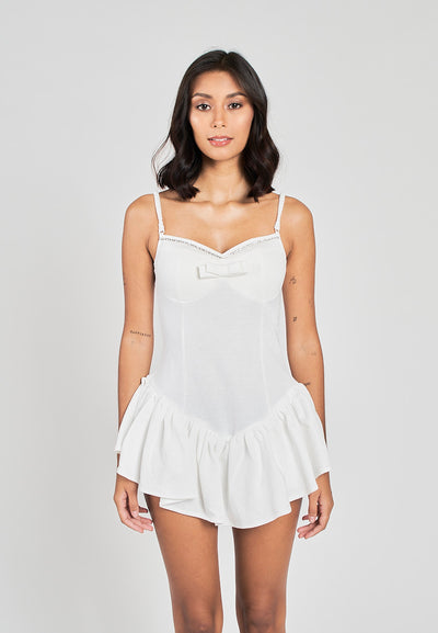 Tressa White Rhinestoned Shape Bust Pleated Ruffle Hem Sleeveless Mini Dress
