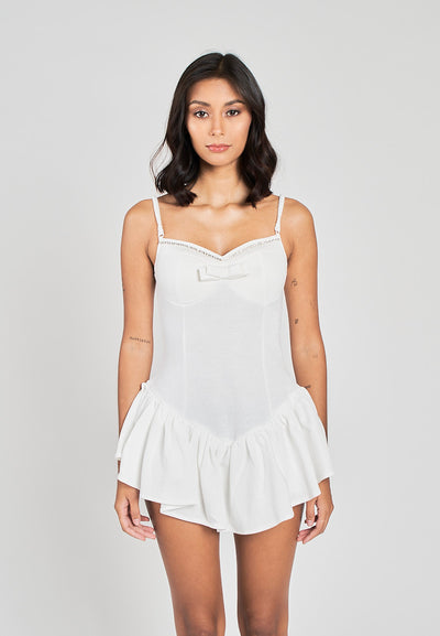 Tressa White Rhinestoned Shape Bust Pleated Ruffle Hem Sleeveless Mini Dress