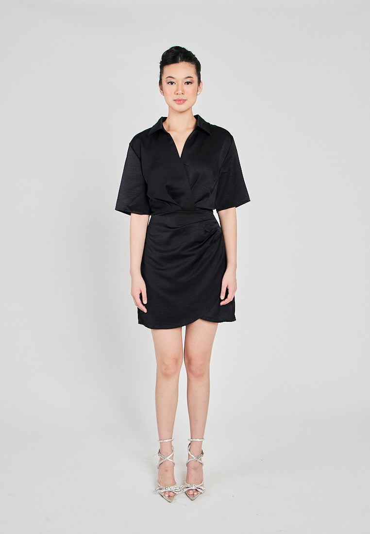 Krizle Black Turn Down Collar V Neck Overlap Short Sleeves Ruched Side Mini Dress