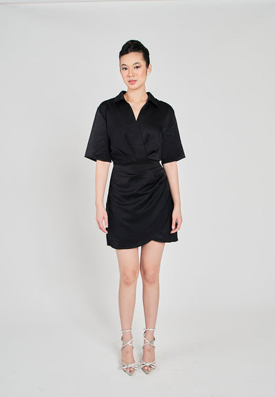 Krizle Black Turn Down Collar V Neck Overlap Short Sleeves Ruched Side Mini Dress